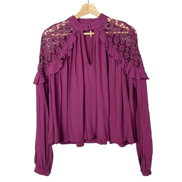 Free People Little Bit of Love Raspberry Pink Lace Inset Blouse S - Picture 2 of 5